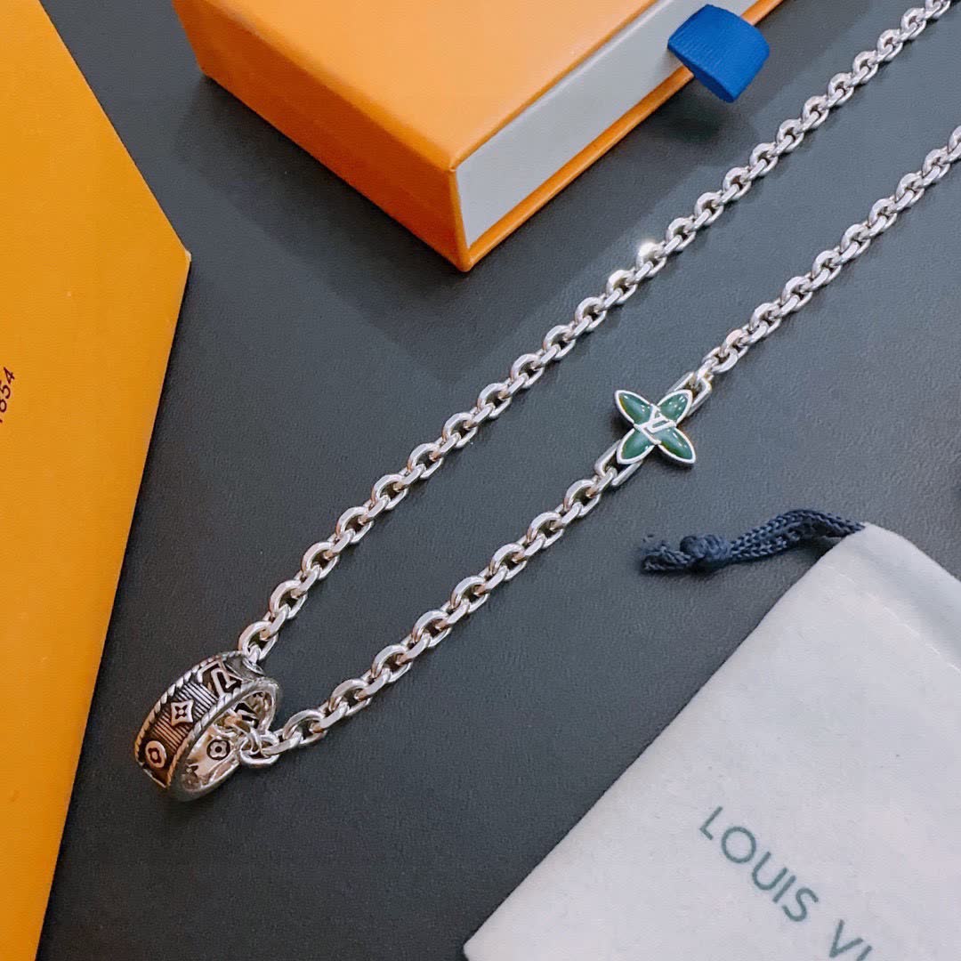 Louis Vuitton Silver Chain Bracelet with Green Enamel Cross and Ring